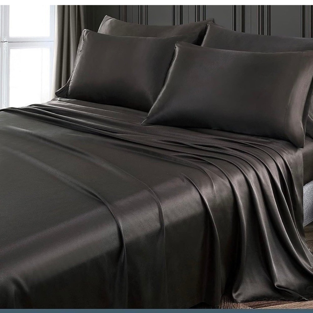 Pothuiny Black Satin Polyester Duvet Sheet 4 Pillow Cases‎ Full Double Bed  Goth